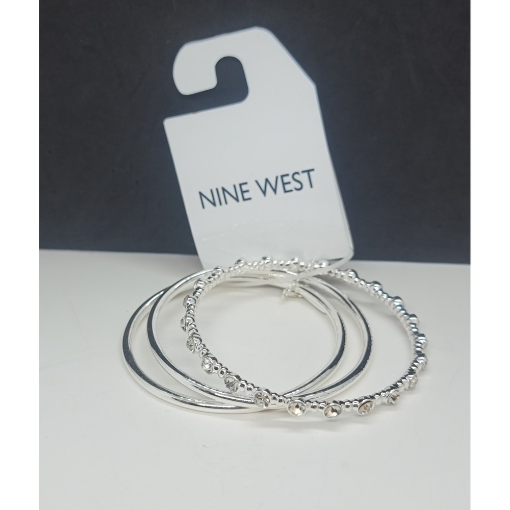 Nine West Silvertone 3-Piece Bangle Bracelet Set With Rhinestone Accents NWT
